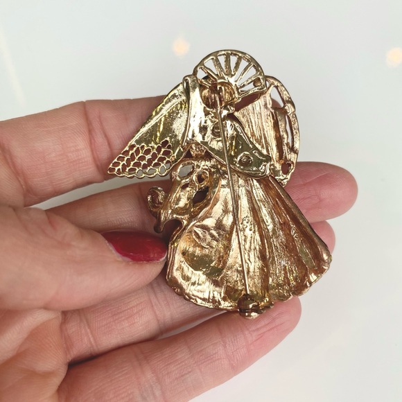 Vintage Holiday Lane Christmas Holiday Lapel Pin Brooch Gold Red Angel w/Harp - Picture 2 of 6